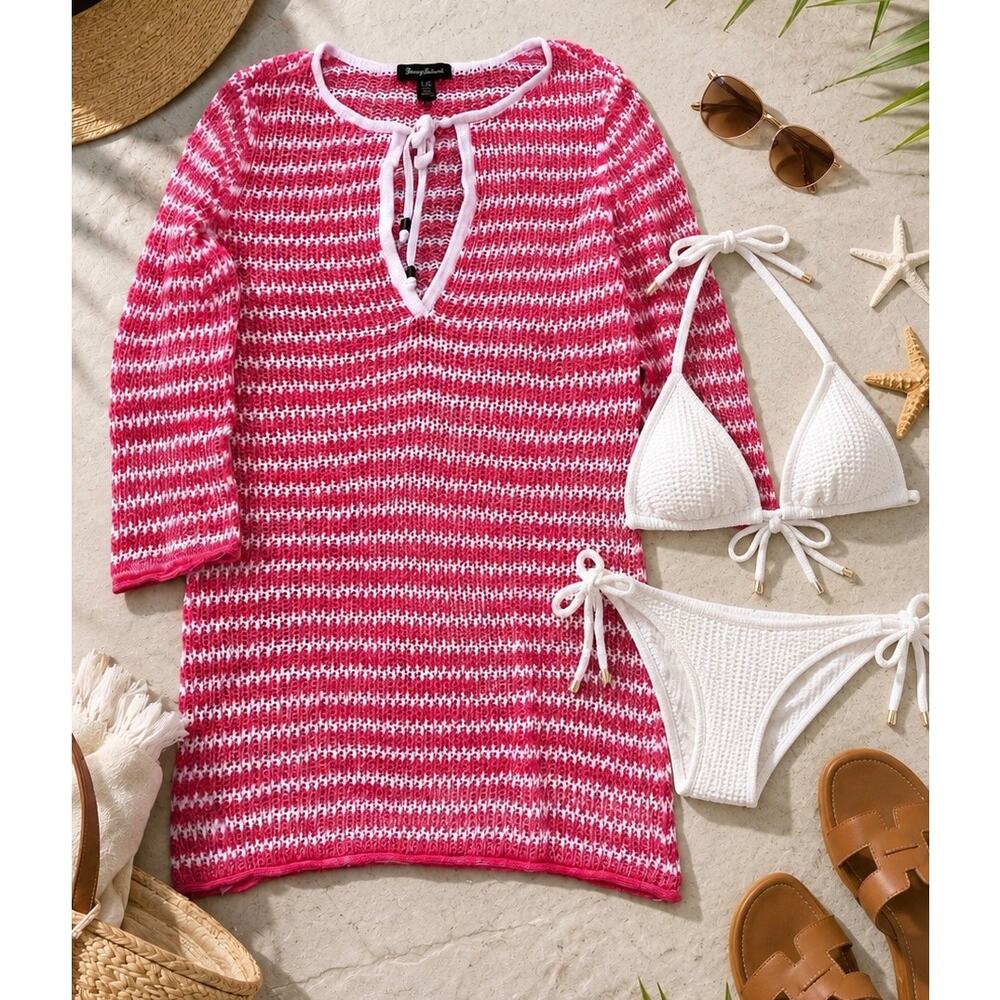 Tommy Bahama Pink Crochet Swim Cover Up Linen Cotton Beach Tunic Resort Size L